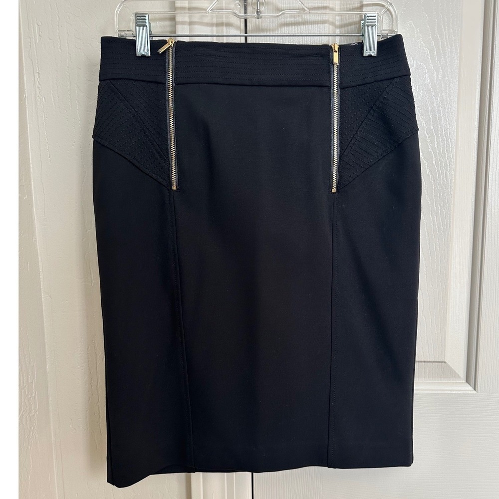 VINTAGE CACHÉ Y2K Moto Pencil Skirt // 00s Office Siren Gold‎ Zipper Midi Size 8
